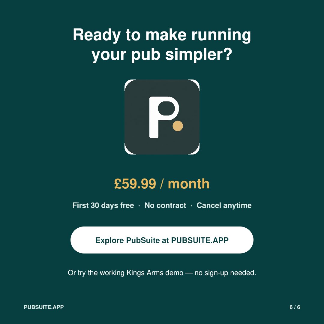 Ready to make running your pub simpler? PubSuite is 59.99 pounds a month, first 60 days free.