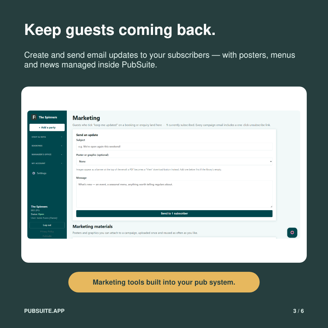Keep guests coming back, with marketing and email built into your pub system.